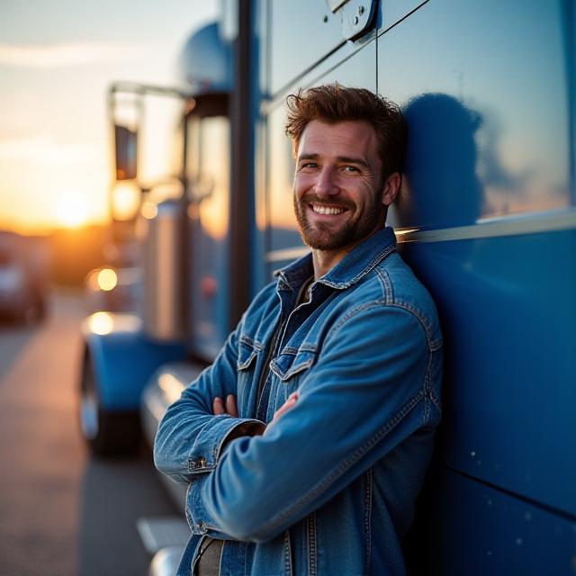 Professional driver leaning against a modern semi-truck